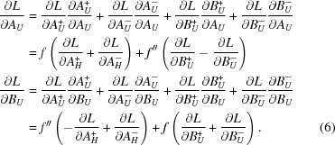 [\eqalignno { {{\partial L} \over {\partial A_U }} & = {{\partial L} \over {\partial A_U^ + }}{{\partial A_U^ + } \over {\partial A_U }} + {{\partial L} \over {\partial A_U^ - }}{{\partial A_U^ - } \over {\partial A_U }} + {{\partial L} \over {\partial B_U^ + }}{{\partial B_U^ + } \over {\partial A_U }} + {{\partial L} \over {\partial B_U^ - }}{{\partial B_U^ - } \over {\partial A_U }} \cr & = f{\rm{ }}\left({{{\partial L} \over {\partial A_H^ + }} + {{\partial L} \over {\partial A_H^ - }}} \right) + f''{\rm{ }}\left({{{\partial L} \over {\partial B_U^ + }} - {{\partial L} \over {\partial B_U^ - }}} \right) \cr {{\partial L} \over {\partial B_U }} & = {{\partial L} \over {\partial A_U^ + }}{{\partial A_U^ + } \over {\partial B_U }} + {{\partial L} \over {\partial A_U^ - }}{{\partial A_U^ - } \over {\partial B_U }} + {{\partial L} \over {\partial B_U^ + }}{{\partial B_U^ + } \over {\partial B_U }} + {{\partial L} \over {\partial B_U^ - }}{{\partial B_U^ - } \over {\partial B_U }} \cr & = f''{\rm{ }}\left({ - {{\partial L} \over {\partial A_H^ + }} + {{\partial L} \over {\partial A_H^ - }}} \right) + f{\rm{ }}\left({{{\partial L} \over {\partial B_U^ + }} + {{\partial L} \over {\partial B_U^ - }}} \right). & (6)}]