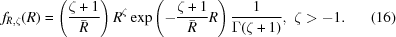[f_{\bar{R},\zeta }(R) = \left({{\zeta +1}\over{\bar{R}}}\right)R^{\zeta }\exp \left(-{{\zeta +1}\over{\bar{R}}}R\right){{1}\over{\Gamma (\zeta +1)}},\, \, \zeta \gt-1. \eqno (16)]
