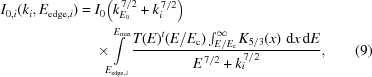 [\eqalignno{I_{0,i}(k_i,E_{{\rm edge},i})= {}& I_0\big(k_{E_0}^{\,7/2}+k_{i}^{\,7/2}\big) \cr&\times\!\! \int\limits_{E_{{\rm edge},i}}^{E_{\max}} \!{{T(E)^{t}(E/{E_{\rm c}}) \int_{E/{E_{\rm c}}}^{\infty}K_{5/3}(x)\,\,{\rm d}x\,{\rm d}E} \over {E^{\,7/2}+k_{i}^{\,7/2}}}, &(9)}]