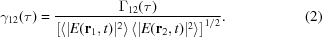 [\gamma_{12}(\tau) = {{\Gamma_{12}(\tau)} \over { \left[\langle |E({\bf r}_1, t)|^2 \rangle \, \langle |E({\bf r}_2, t)|^2 \rangle \right]^{1/2}}}. \eqno(2)]