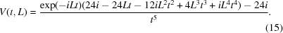 [V(t,L) = {{\exp(-i Lt)(24i - 24Lt - 12iL^{2}t^{2} + 4L^3 t^3+i L^4 t^4)-24i}\over{t^5}}. \eqno (15)]