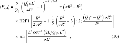 [\eqalignno{\langle F_{\rm cyl} \rangle =\,& {2 \over Q_{\parallel}} \left({Q_{\parallel}^2 {\sigma {L}^4} \over {4 L^2}} + 1 \right)^{\!-\,{{L^2}/{2{\sigma L}^2}}} \pi \left ({\sigma R}^2 + R^2 \right)\cr &\times {\rm H2F1}\left [{{R^2} \over {2{\sigma R}^2}} + 1, {{1}\over{2}}\left({{R^2} \over {{\sigma R}^2}} +3 \right)\semi 2\semi {{\left({Q_{\parallel}}^2 - Q^2 \right) {\sigma R}^4}\over {R^2}} \right]\cr &\times \sin \left[{{L^2 \cot ^{-1} \left ({{2L} / {{Q_{\parallel}} {\sigma L}^2}} \right)} \over {{\sigma L}^2}} \right], &(10)}]