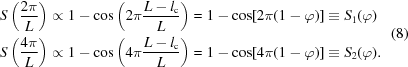 [\eqalign{ & S\left({{{2\pi } \over L}} \right) \propto {1 - \cos \left({2\pi {{L - l_{\rm c} } \over L}} \right)} = 1 - \cos [2\pi (1 - \varphi)] \equiv S_1 (\varphi) \cr & S\left({{{4\pi } \over L}} \right) \propto {1 - \cos \left({4\pi {{L - l_{\rm c} } \over L}} \right)} = 1 - \cos [4\pi (1 - \varphi)] \equiv S_2 (\varphi). \cr} \eqno (8)]