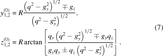 [\eqalign{ y_{{1,2}}^{{(0)}} & = R{{\left({q^{2}-g_{y}^{2}} \right)^{1/2}\mp g_{z}} \over {\left({q^{2}-g_{y}^{2}} \right)^{1/2}}},\cr z_{{1,2}}^{{(0)}} & = R\arctan\left[{{q_{y}\left({q^{2}-g_{y}^{2}} \right)^{1/2}\mp g_{y}q_{z}} \over {g_{y}q_{y}\pm q_{z}\left({q^{2}-g_{y}^{2}} \right)^{1/2}}}\right].}\eqno(7)]