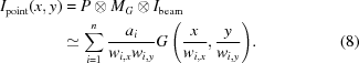 [\eqalignno{I_{\rm{point}}(x,y)&= P \otimes {M_G} \otimes I_{\rm{beam}} \cr&\simeq \sum\limits_{i=1}^n {{{{a_i}}\over{{w_{i,x}}{w_{i,y}}}} G\left({{{{x}} \over {w_{i,x}}},{{{y}}\over{w_{i,y}}}} \right)}.&(8)}]