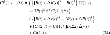 [\eqalignno{ Ci^{\dagger}(1,t+\Delta t)= {}& \Big(\left\{[R(t)+\Delta R(t)]^3-R(t)^3\right\} Ci(1,t) \cr& -3R(t)^2\,\beta i\,Ci(1,t) \Delta t\Big) \cr& / \left\{[R(t)+\Delta r(t)]^3-[R(t)+\Delta R(t)]^3\right\} \cr& +[Ci(2,t)-Ci(1,t)] Di\Delta t/\Delta r(t)^2 \cr& +Ci(1,t).&(24)}]